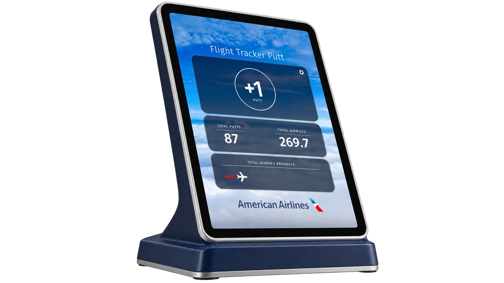 American Airlines portrait staff scoring iPad in a navy fixture