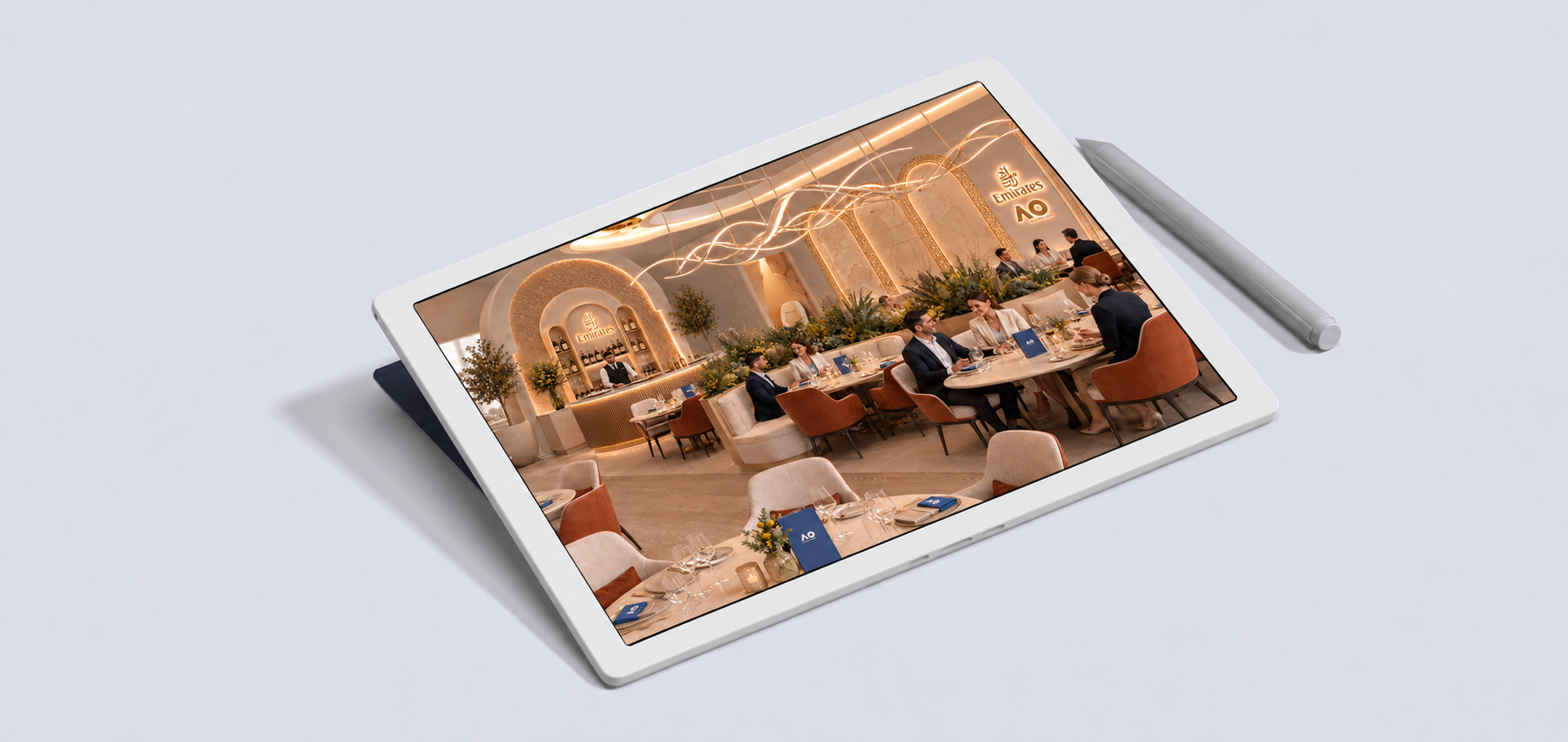 Emirates Australian Open hospitality CGI presented on an iPad mockup