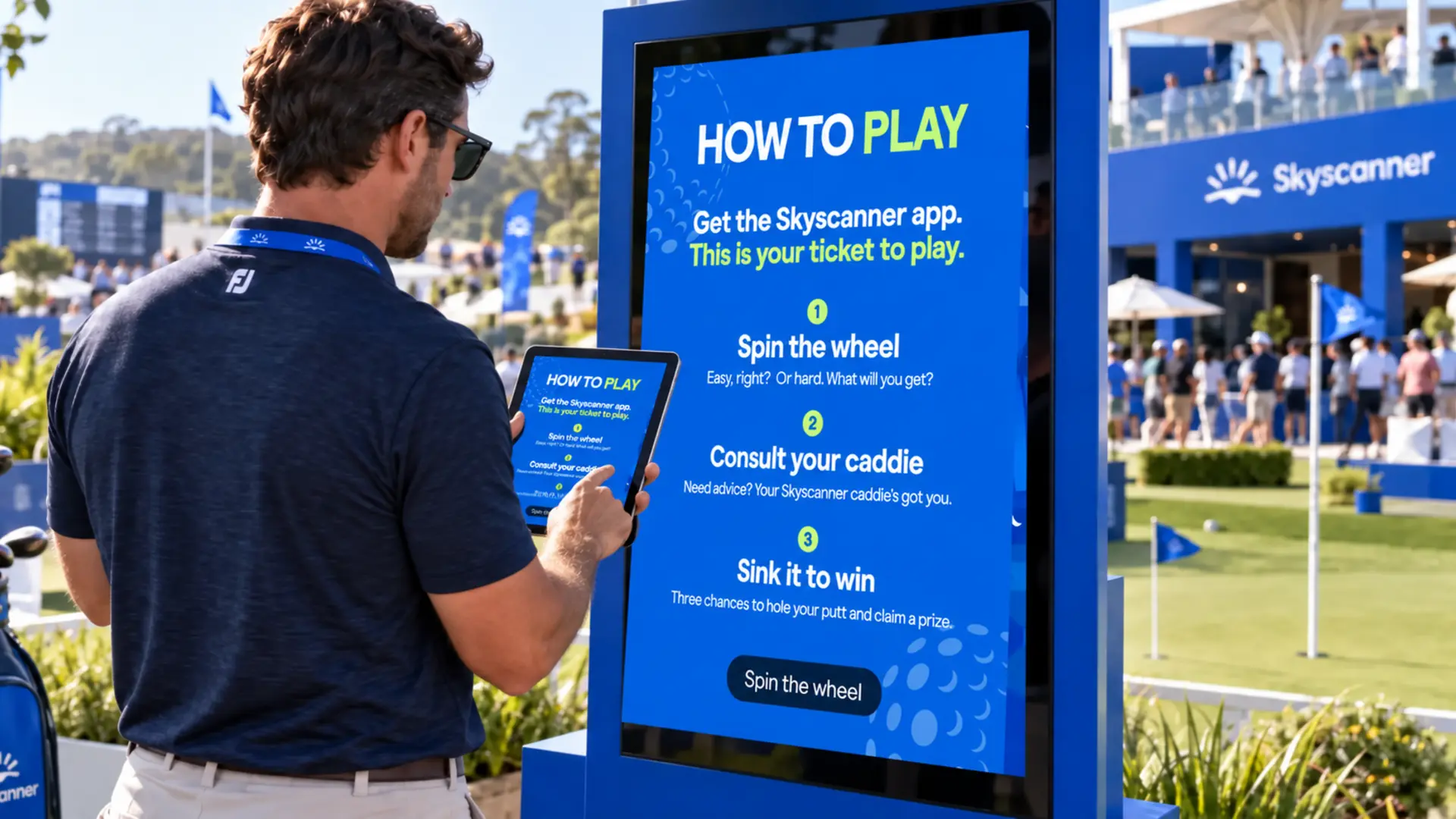 Guest using the Skyscanner experience on an iPad mirrored to the event display
